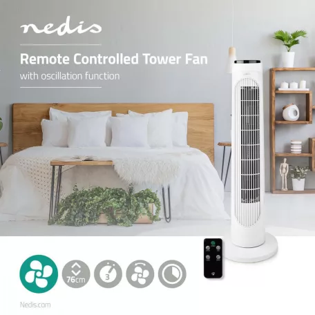 NEDIS torony ventilátor Tower Fan | 3-sebességes | Oszcilláló | 50 W | Távirányító | Fehér / Fekete oszlopventilátor