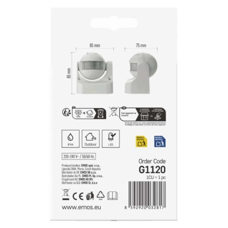 EMOS Mozgásérzékelő (PIR) IP44 12m 180°