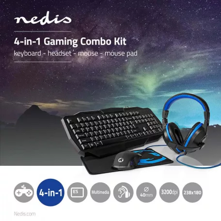 Gaming Combo Kit | 4-in-1 | Billentyűzet, fejhallgató, egér és egérpad | Fekete / Kék | QWERTY | ES Kiosztás