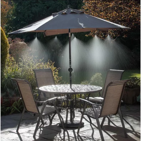 HOME GMS12 kerti párásító-permetező-öntöző készlet, 12 m vágható cső, 15 réz permetezőfej, adapter gyorscsatlakozóval