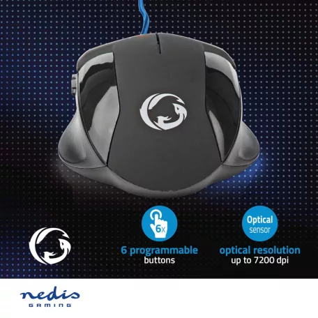 Gaming Mouse | Vezetékes | 1200 / 2400 / 4800 / 7200 dpi | Állítható DPI | Gombok száma: 6 | Programozható gombok | Jobbkezes | 1.50 m | Világítás Nélkül