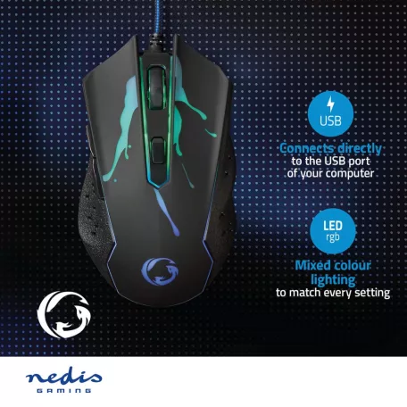 Gaming Mouse | Vezetékes | 1200 / 1800 / 2400 / 3600 dpi | Állítható DPI | Gombok száma: 6 | Programozható gombok | Jobbkezes | 1.50 m | LED