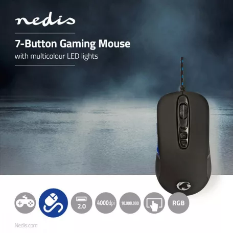 Gaming Mouse | Vezetékes | 4000 dpi | Állítható DPI | Gombok száma: 7 | Programozható gombok | Jobbkezes | 1.80 m | RGB