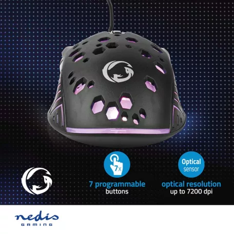 Gaming Mouse | Vezetékes | 800 / 1200 / 2400 / 3200 / 4800 / 7200 dpi | Állítható DPI | Gombok száma: 7 | Programozható gombok | Jobbkezes | 1.50 m | RGB