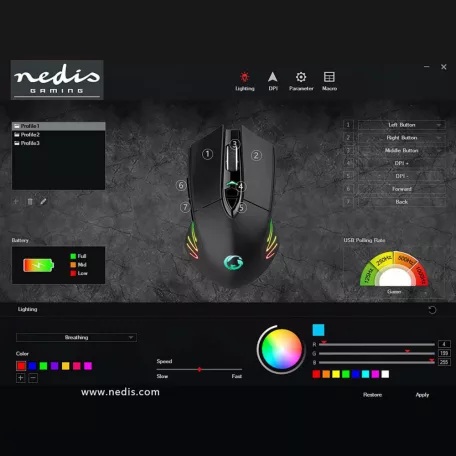 Gaming Mouse | Wired & Wireless | 500 / 1000 / 2000 / 3000 / 5000 / 10000 dpi | Állítható DPI | Gombok száma: 7 | Programozható gombok | Jobbkezes | 1.50 m | RGB
