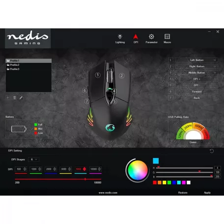 Gaming Mouse | Wired & Wireless | 500 / 1000 / 2000 / 3000 / 5000 / 10000 dpi | Állítható DPI | Gombok száma: 7 | Programozható gombok | Jobbkezes | 1.50 m | RGB