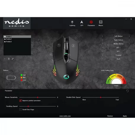 Gaming Mouse | Wired & Wireless | 500 / 1000 / 2000 / 3000 / 5000 / 10000 dpi | Állítható DPI | Gombok száma: 7 | Programozható gombok | Jobbkezes | 1.50 m | RGB