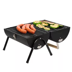   Home GR01 hordozható asztali grill, faszén, faszénbrikett, nyitott vagy zárt fedél, 2 rostély, 2 széntartó rács, 22 cm rostélymagasság asztaltól