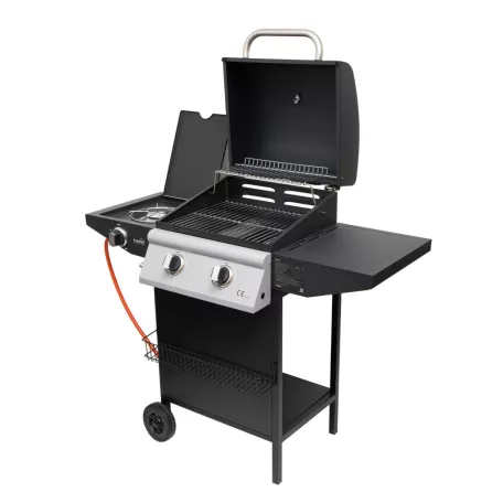 Home GRG02 gázgrill, 2 főégővel, 1 oldalégővel, 3,2 kW égőnkénti teljesítmény, 440x400 mm sütőfelület, nyomásszabályozó készlettel