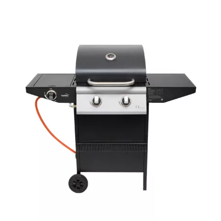 Home GRG02 gázgrill, 2 főégővel, 1 oldalégővel, 3,2 kW égőnkénti teljesítmény, 440x400 mm sütőfelület, nyomásszabályozó készlettel