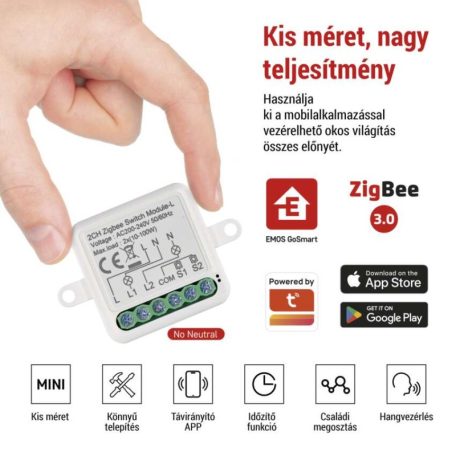 GoSmart kapcsolómodul IP-2104SZ, ZigBee, 2 csatornás (nem igényel N vezetéket)