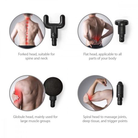 Sport Masszázs Pisztoly | Elemes Áramellátás | Beépített Lítium-ion | Újratölthető | 6 Masszázs Mód | 4 Cserélhető Tartozék | Fekete / Szürke