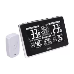   Home HCW 25 időjárás-állomás külső jeladóval, negatív, fehér LCD kijelző, beltéri hőmérséklet és páratartalom, digitális óra, naptár