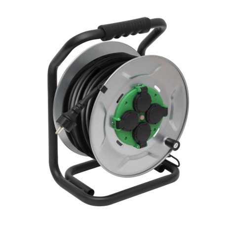 HOME HJRM2025 fém kábeldob, 25 méter, fém talp, H07RN-F 3G2,5 mm2 vezeték, 250 V~ / max. 16 A, túlmelegedés elleni védőkapcsolóval