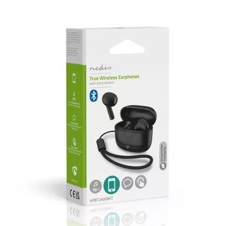 Teljesen vezeték nélküli fülhallgató | Bluetooth® | Maximális akkumulátor lejátszási idő: 16 óra | Érintés Vezérlés | Töltő tok | Kábel nélküli töltő tok | Beépített mikrofon | Hangvezérlés támogatás | Fekete