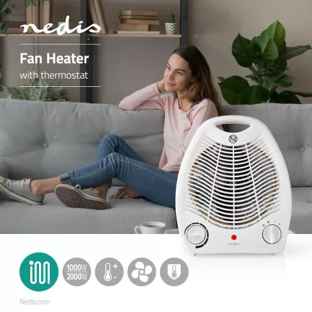 Fan Heater | 1000 / 2000 W | Állítható hőmérséklet | 2 Hőbeállítások | Beépített fogantyúval | Borulás ellen védett | Fehér