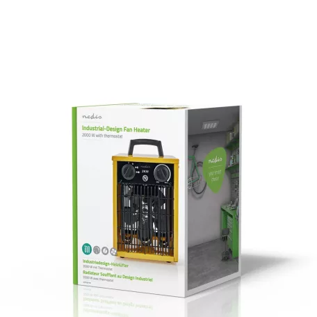 Ipari tervezésű ventilátorfűtő | 1000 / 2000 W | Állítható hőmérséklet | 2 Hőbeállítások | IP24 | Beépített fogantyúval | Sárga