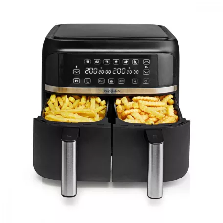 Nedis Air Fryer DOUBLE Digitális, dupla tartályos forrólevegős olajsütő, 2 x 3,8 literes, 2850 W (KAAFD350EBK) Forró Levegő Sütő | 2x3.8 l | Időzítő: 60 min | Digitális | Fekete