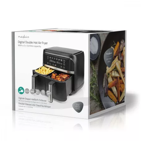 Nedis Air Fryer DOUBLE Digitális, dupla tartályos forrólevegős olajsütő, 2 x 3,8 literes, 2850 W (KAAFD350EBK) Forró Levegő Sütő | 2x3.8 l | Időzítő: 60 min | Digitális | Fekete