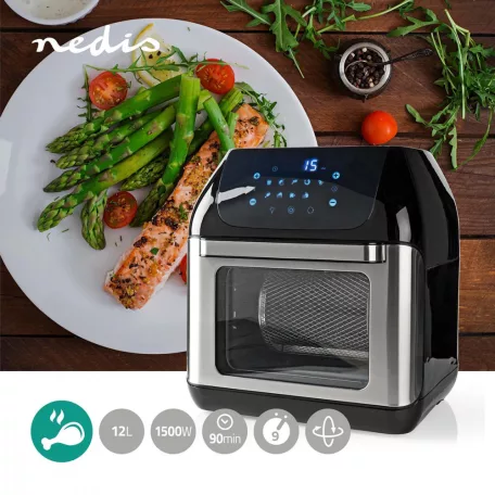 Nedis Deluxe XXXL prémium Olaj nélküli meleglevegős fritőz, 9 funkciós 12 liter forrólevegős sütő 1500w -s Airfryer óriás kapacitású 3,2kg sültkrumpli modell KAAFO300EBK