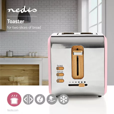 Kenyérpirító | Puha Borítás Széria | 2 Bővítőhely | Barnítási szint: 6 | Kiolvasztási lehetőség | Rózsaszín