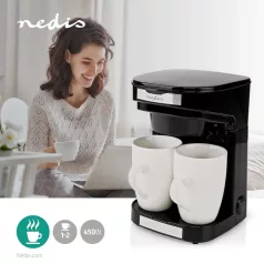   Nedis KACM140EBK kávéfőző 2 porceláncsészével Kávéfőző | Kávé filter | 0.25 l | 2 Csésze eszpresszó hordozható extra kis méretben