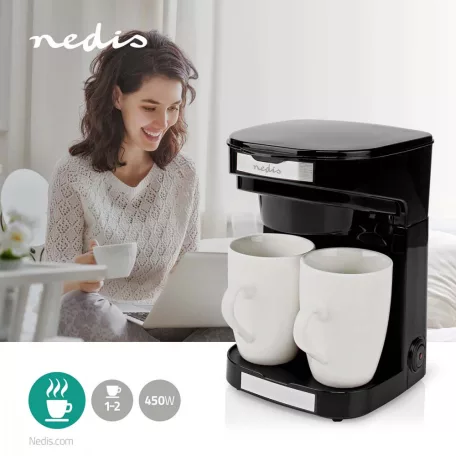 Nedis KACM140EBK kávéfőző 2 porceláncsészével Kávéfőző | Kávé filter | 0.25 l | 2 Csésze eszpresszó hordozható extra kis méretben