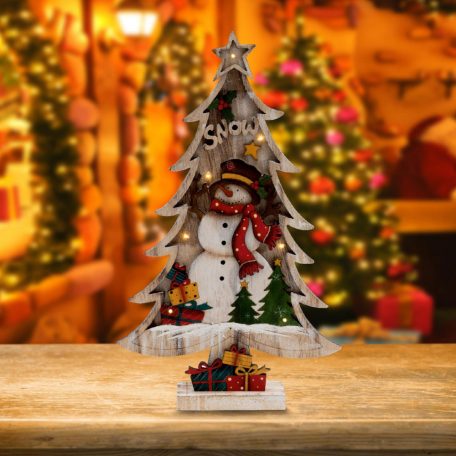 LED-es fa asztali dísz, havas fenyő, színes hóember, 7 LED