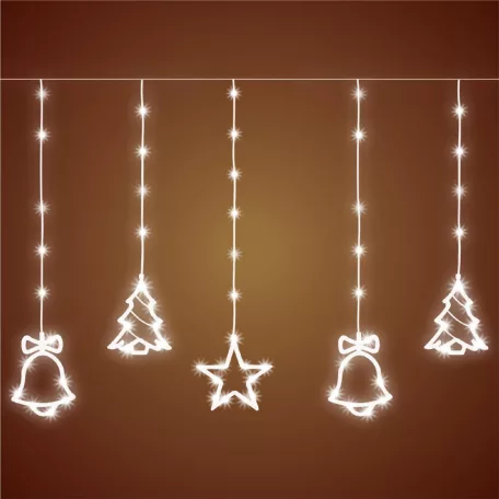 Home KAF 11/WH micro LED-es figurás fényfüggöny, 2 m / 186 db hidegfehér LED, harang / fenyő / csillag figurákkal, hálózati adapter, kül- és beltéri kivitel