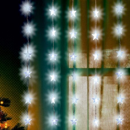 Home KAF 48L LED-es csillag fényfüggöny, 1,5x1 m / 48 db hidegfehér LED csillag figurákban, átlátszó vezeték, hálózati adapter, beltéri kivitel