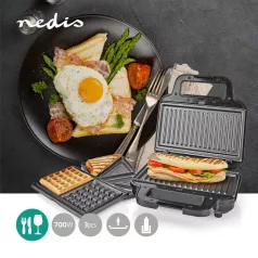  Több grillező | Grill / Sandwich / Waffle | 700 W | 22 x 12.5 cm | Automatikus hőmérséklet-szabályozással | Műanyag / Rozsdamentes Acél