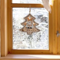   Home KID 23 fából készült fenyőfa ablakdísz, ajtóra és ablakra, beltéri kivitel, lézerrel kivágott motívumok, 3D csillag hatású dekorfólia, 8 db melegfehér LED