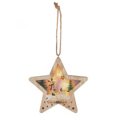   Home KLW 17 R fából készült csillag alakú ablak és ajtódísz, rénszarvas és fenyőfa díszítéssel, lézerrel kivágott motívumok, 6 db melegfehér LED