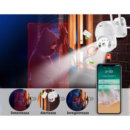 XPD Q980 Pro 8 LED WIFI térfigyelő kamera, 2MP, kültéri/beltéri, FullHD 2k, 4X zoom, forgatás, kétirányú kommunikáció, mozgásérzékelős hangriasztó, Fehér, ICSEE app.