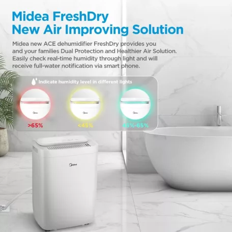 Midea ASTRA smart páramentesítő légtisztító Ionizátor UV-C fertőtlenítő H13 HEPA filter MsmartHome app wifi párátlanító 12/nap 3l tartállyal görgös láb MDDQ1-12DEN7