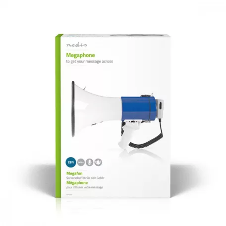 NEDIS Megafon KIHANGOSÍTÓ szurkolói | Maximális hatótáv: 1500 m | Maximális hangerő szabályozás: 135 dB | Levehető Mikrofon | Beépített sziréna | Váll pánt | Fehér / Kék