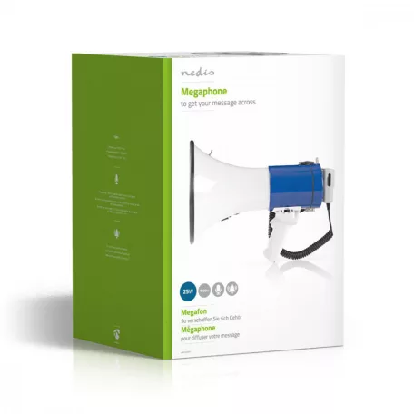 NEDIS Megafon KIHANGOSÍTÓ szurkolói | Maximális hatótáv: 1500 m | Maximális hangerő szabályozás: 135 dB | Levehető Mikrofon | Beépített sziréna | Váll pánt | Fehér / Kék