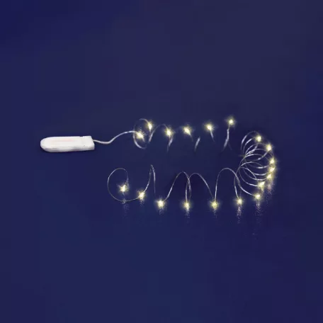 Home MLF 20/WW micro LED-es fényfüzér, 2 m / 20 db melegfehér micro LED, állófényű, átlátszó vezeték, gombelemes, lapos elemtartó, beltéri kivitel