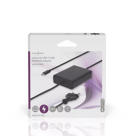 Notebook adapter | GaN | 45 W | 5 / 9 / 12 / 15 / 20 V DC | 2.25 / 2.33 / 2.92 / 3.0 A | Alkalmas erre: Notebook / Okostelefon / Tablet | Euro / C-típus (CEE 7/16)
