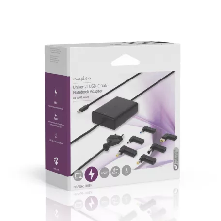 Notebook adapter | GaN | 65 W | 5 / 9 / 12 / 15 / 20 V DC | 2.4 / 3.0 / 3.25 A | Alkalmas erre: Notebook / Okostelefon / Tablet | Euro / C-típus (CEE 7/16)
