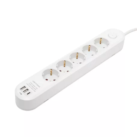 HOME NV5K3USBC hálózati elosztó, 3 m, H05VV-F 3G1,5 mm2 kábel, 5 védőérintkezős aljzat, USB töltőaljzat, max. 3680W, kétpólusú kapcsoló, beltéri kivitel