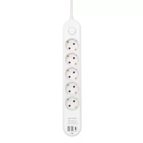 HOME NV5K3USBC hálózati elosztó, 3 m, H05VV-F 3G1,5 mm2 kábel, 5 védőérintkezős aljzat, USB töltőaljzat, max. 3680W, kétpólusú kapcsoló, beltéri kivitel