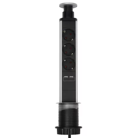 Home NVE 3/USB süllyesztett elosztó USB töltőaljzatokkal, 1,4 m, 3 földelt aljzat gyermekvédelemmel, asztalba, munkalapba építhető, süllyeszthető, max. 3680 W