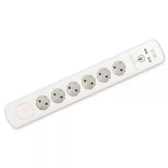   Home NVT 06K USB/WH túlfeszültség védett hálózati elosztó, 1,4 m, kapcsolós, H05VV-F 3G1,5 mm2 kábel, 6 aljzat, max. 3680W, falra akasztható, USB töltőaljzatok