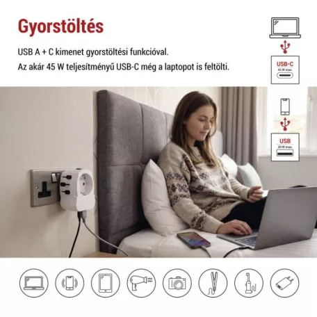 EMOS utazó adapter P0056U fehér, 1×USB-C, 1×USB-A