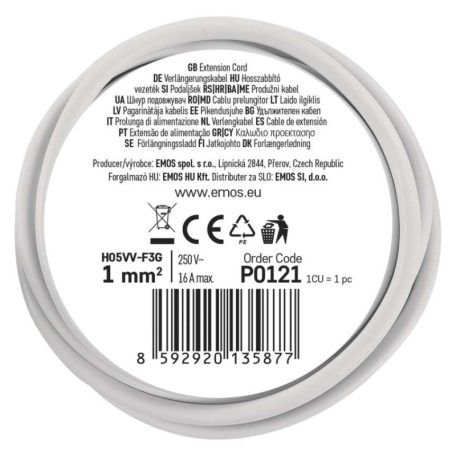 Hosszabbító 1,4 m  /  1 aljzat  /  fehér  /  PVC  /  1 mm2