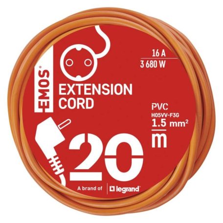 Hosszabbító 20 m / 1 aljzat / narancssárga / PVC / 250 V / 1,5 mm2