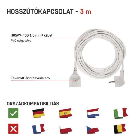 Hosszabbító 3 m / 1 aljzat / fehér / PVC / 1,5 mm2