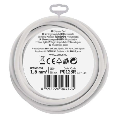 Hosszabbító 3 m / 1 aljzat / fehér / PVC / 1,5 mm2