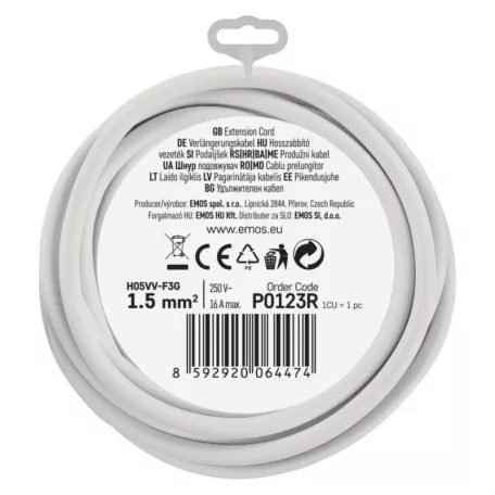 Hosszabbító 3 m / 1 aljzat / fehér / PVC / 1,5 mm2